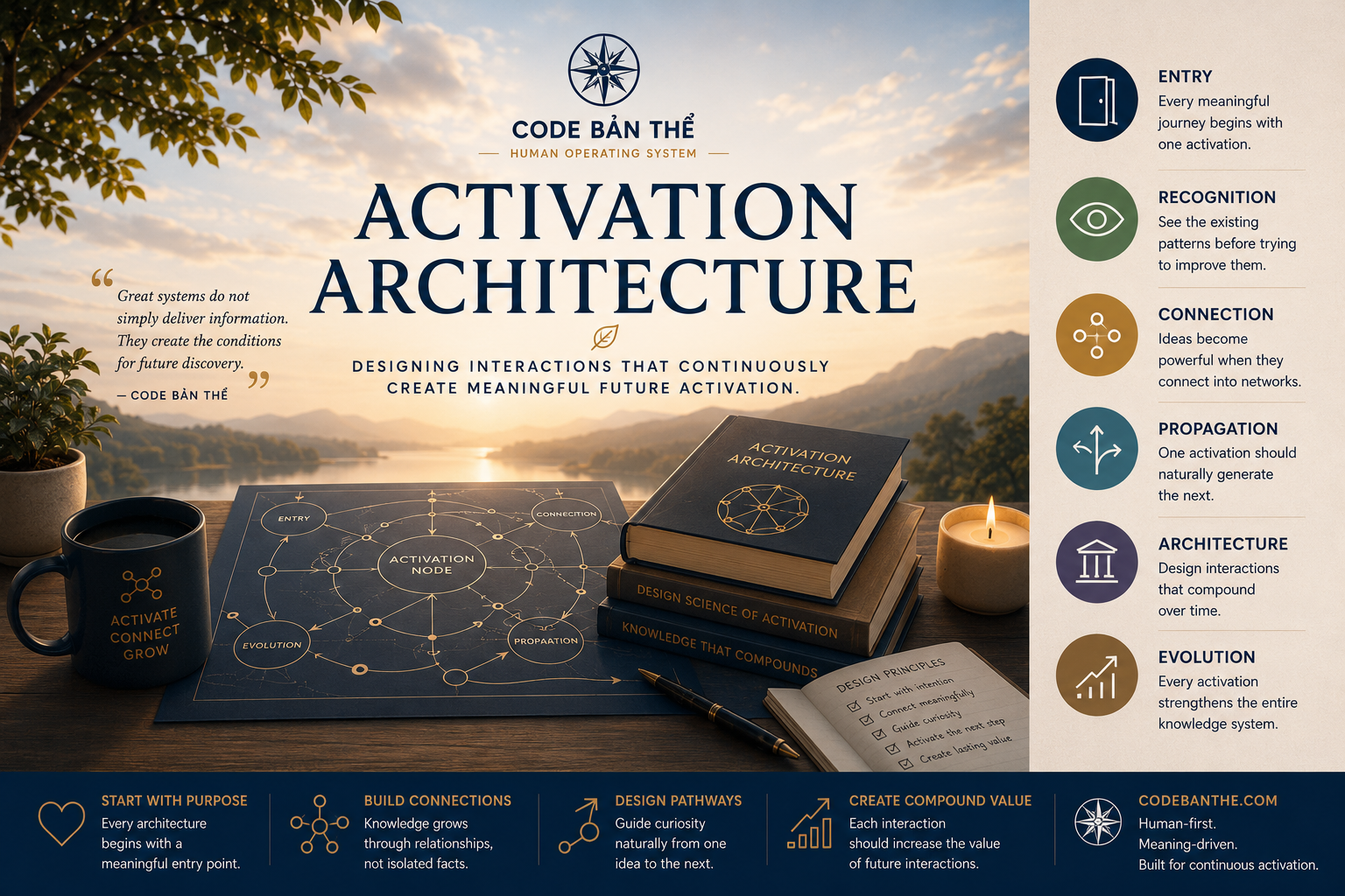 Activation Architecture infographic illustrating how meaningful interactions connect into networks that continuously generate future activation through intentional design.